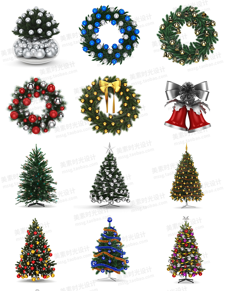 【圣诞装饰模型】30个圣诞节日装饰圣诞树花环礼品盒C4D模型